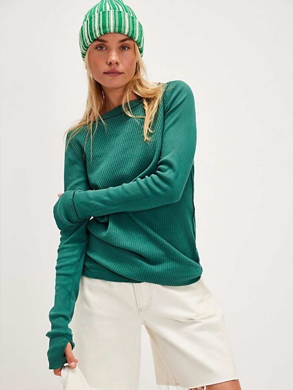 NWOT FREE PEOPLE Honey B Crew Neck Long Sleeve Thermal Green